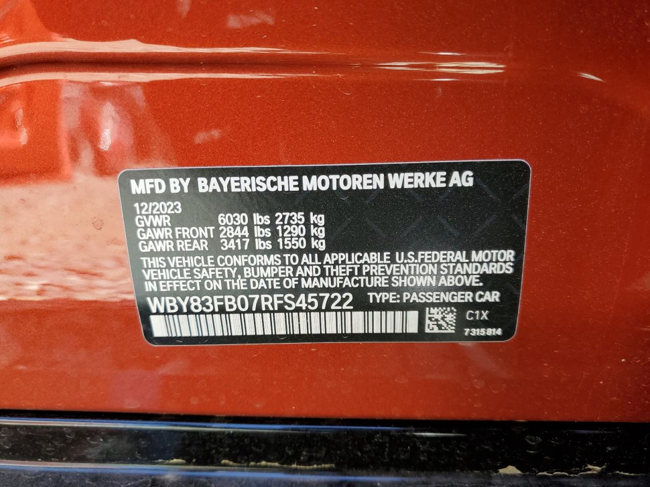 VIN WBY83FB07RFS45722 2024 BMW I4 XDRIVE