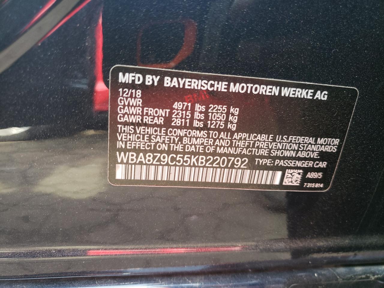 VIN WBA8Z9C55KB220792 2019 BMW 330XI GT