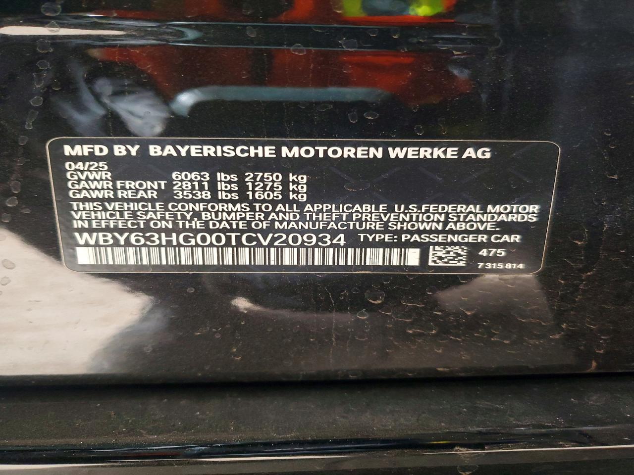 VIN WBY63HG00TCV20934 2026 BMW I5