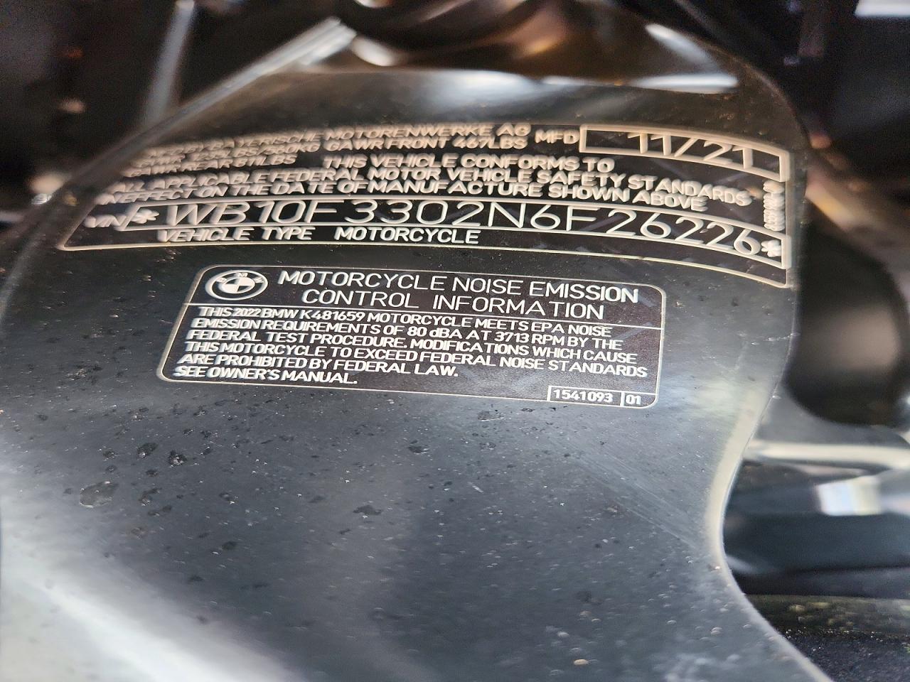 VIN WB10F3302N6F26226 2022 BMW K1600