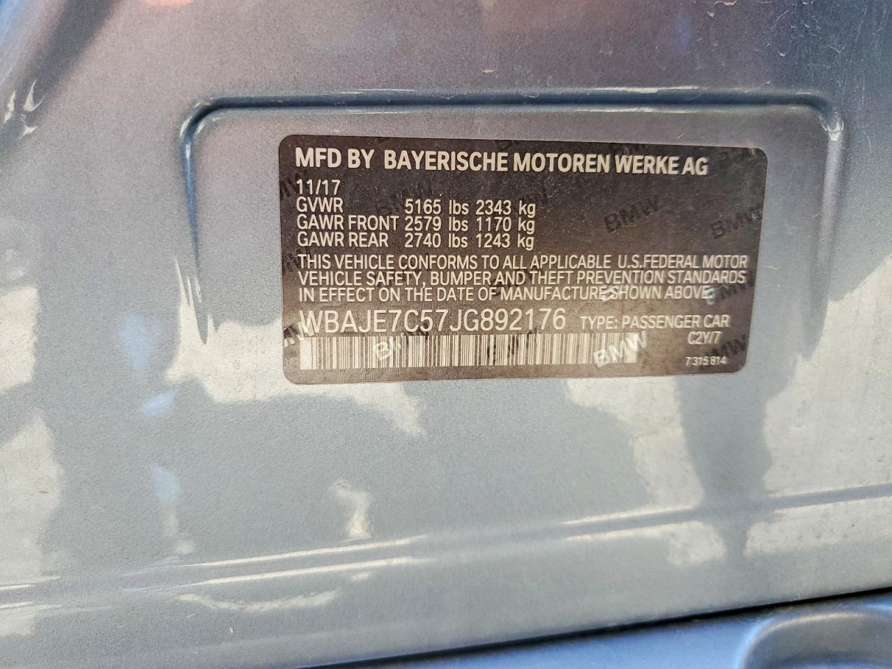 VIN WBAJE7C57JG892176 2018 BMW 540I
