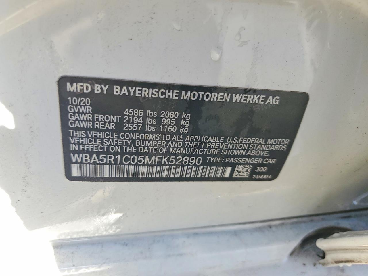 VIN WBA5R1C05MFK52890 2021 BMW 330I