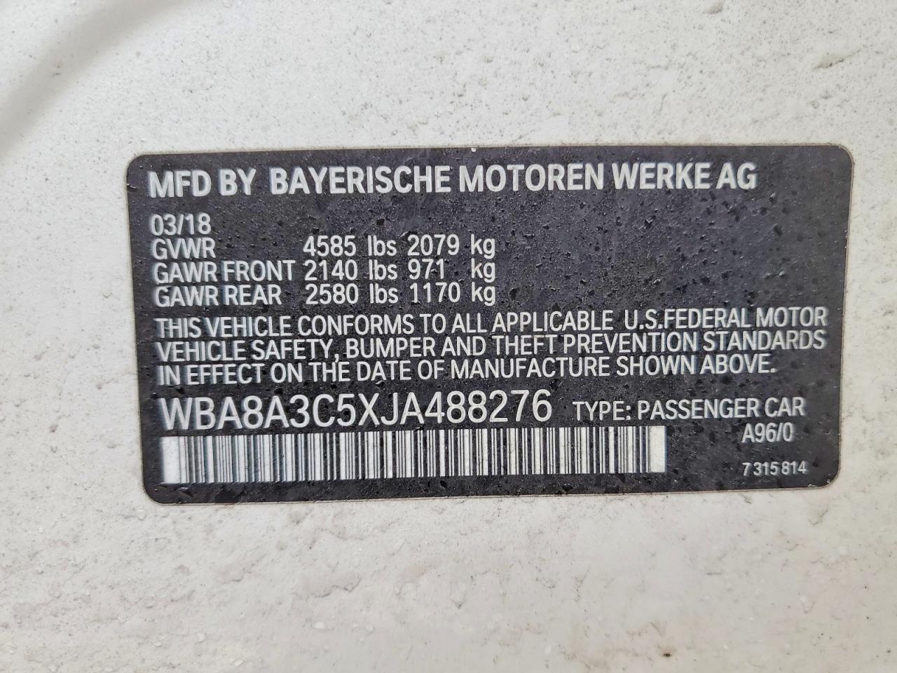VIN WBA8A3C5XJA488276 2018 BMW 320