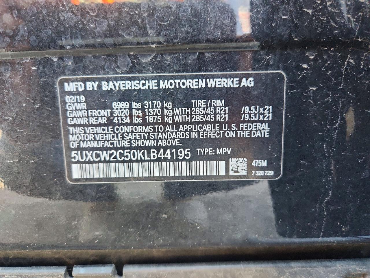 VIN 5UXCW2C50KLB44195 2019 BMW X7