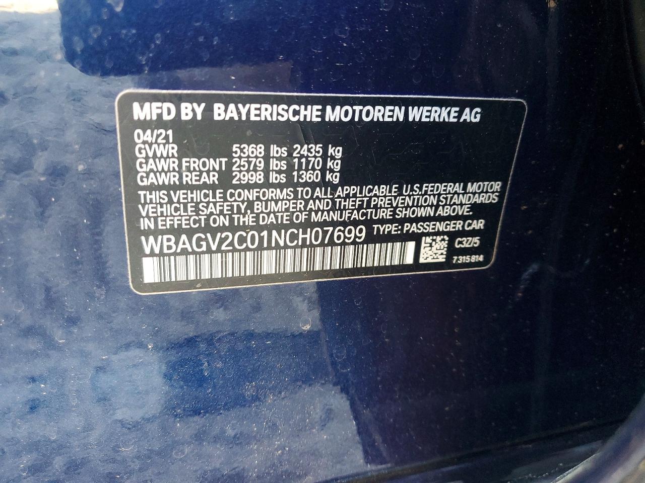 VIN WBAGV2C01NCH07699 2022 BMW 840I