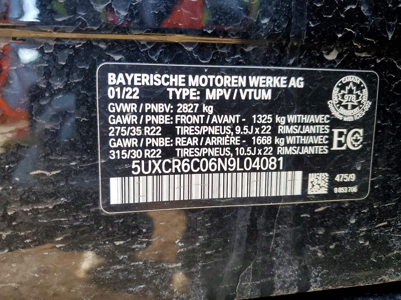 VIN 5UXCR6C06N9L04081 2022 BMW TRUCK/VAN X5 40I 4DR AWD