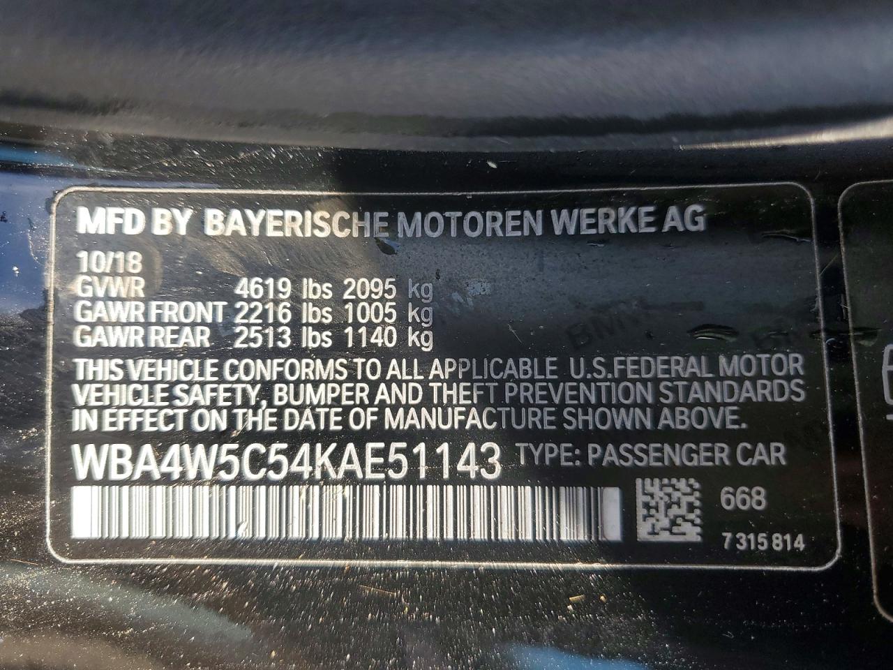 VIN WBA4W5C54KAE51143 2019 BMW 430XI