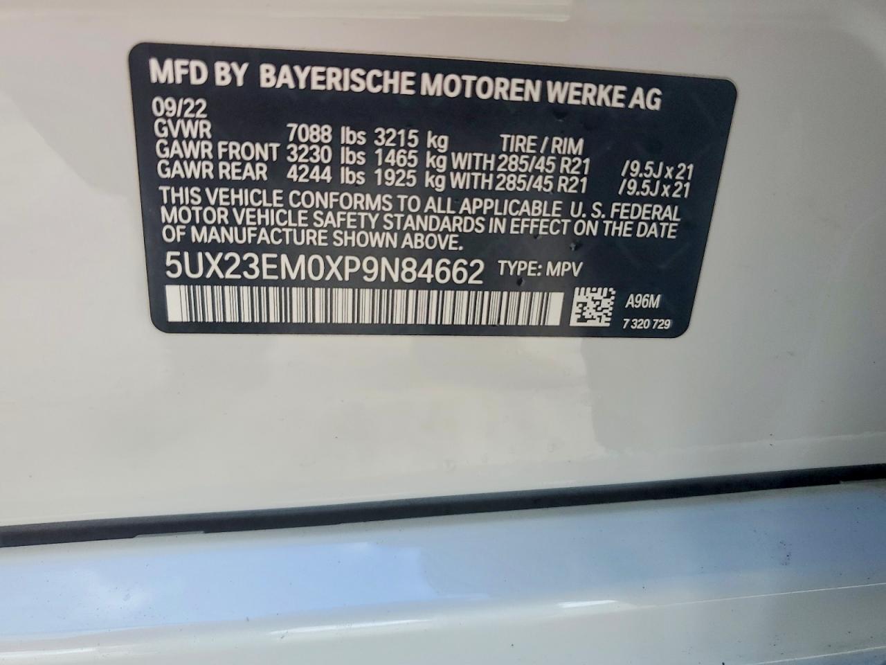 VIN 5UX23EM0XP9N84662 2023 BMW X7