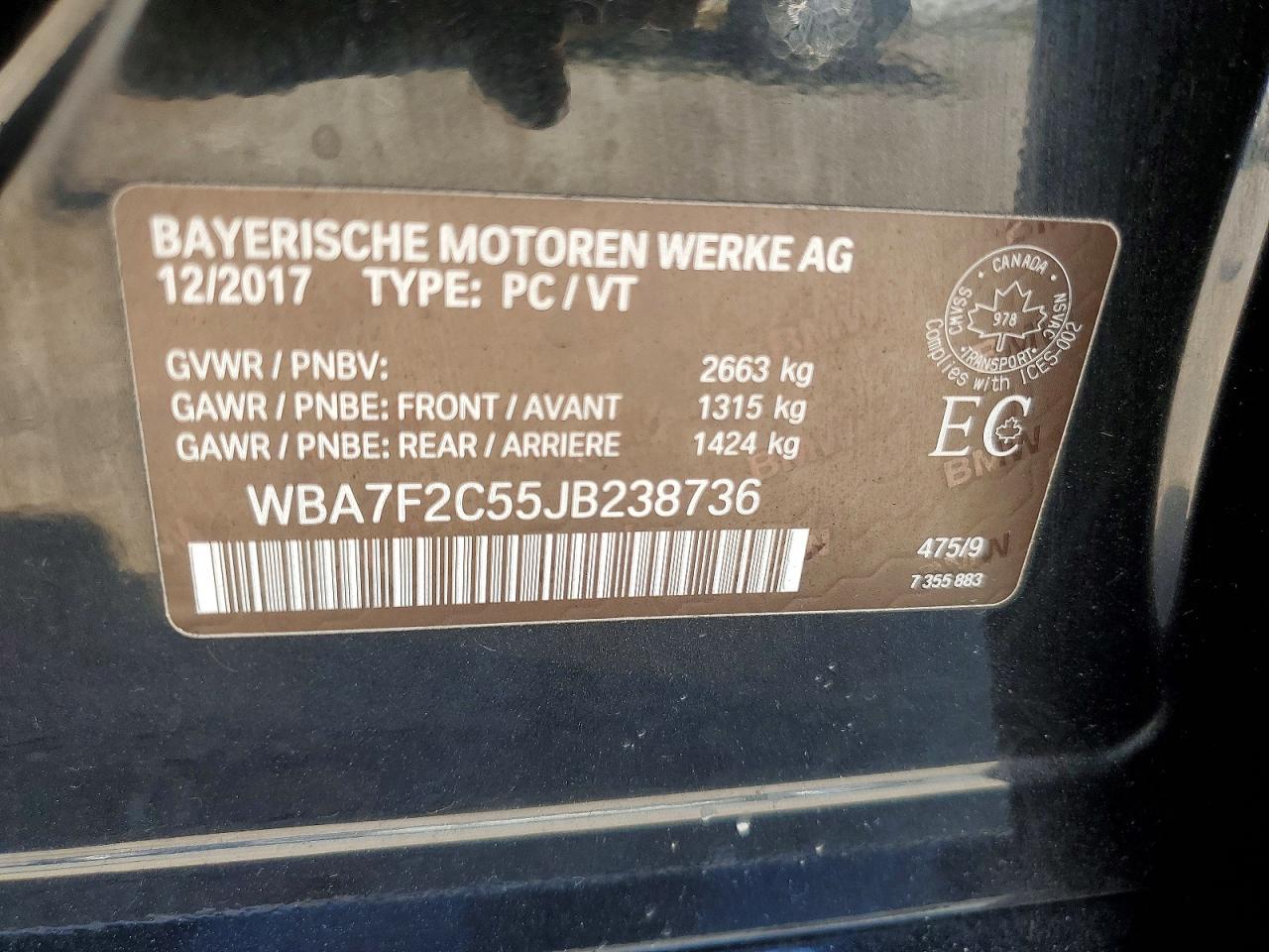 VIN WBA7F2C55JB238736 2018 BMW 750