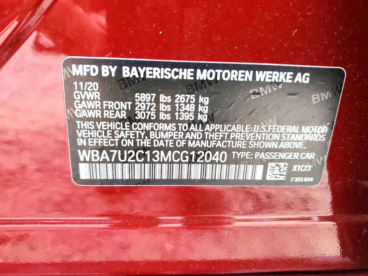VIN WBA7U2C13MCG12040 2021 BMW ALPINA B7