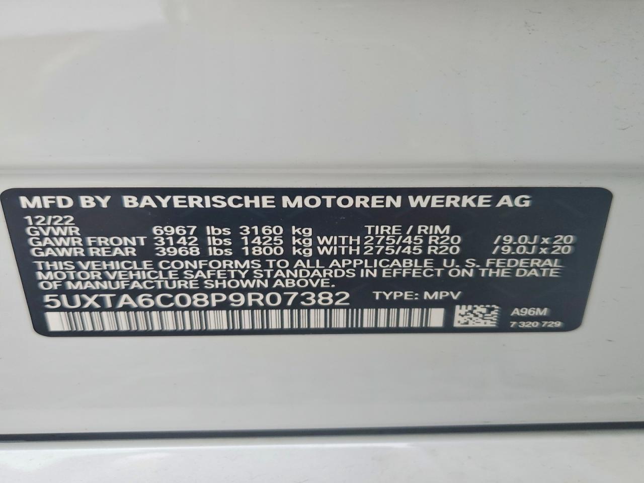 VIN 5UXTA6C08P9R07382 2023 BMW X5