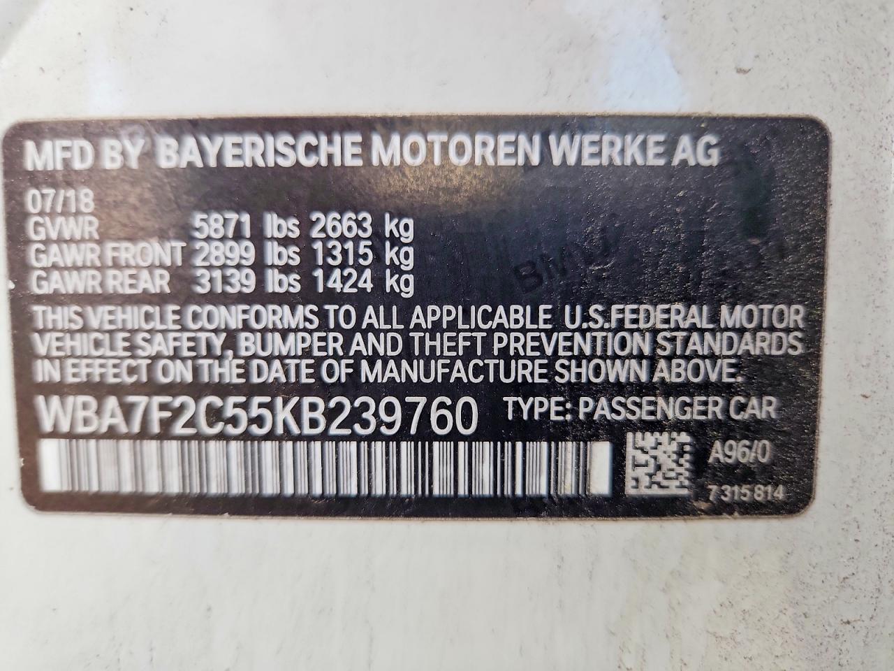 VIN WBA7F2C55KB239760 2019 BMW 750