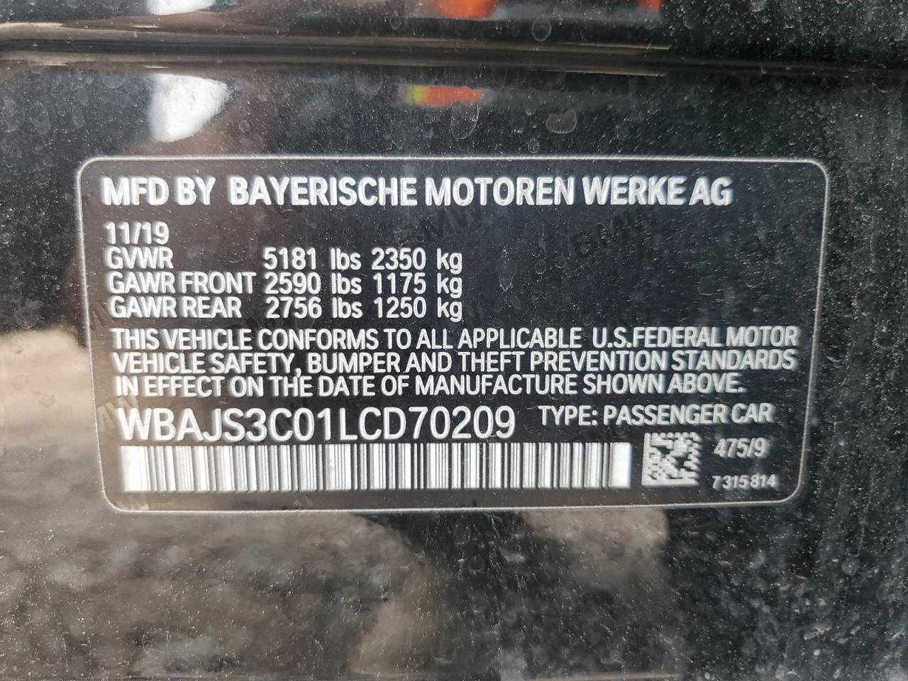 VIN WBAJS3C01LCD70209 2019 BMW 540