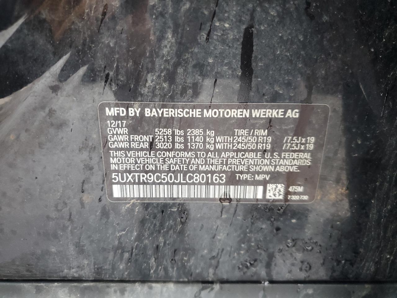 VIN 5UXTR9C50JLC80163 2018 BMW X3 XDRIVE