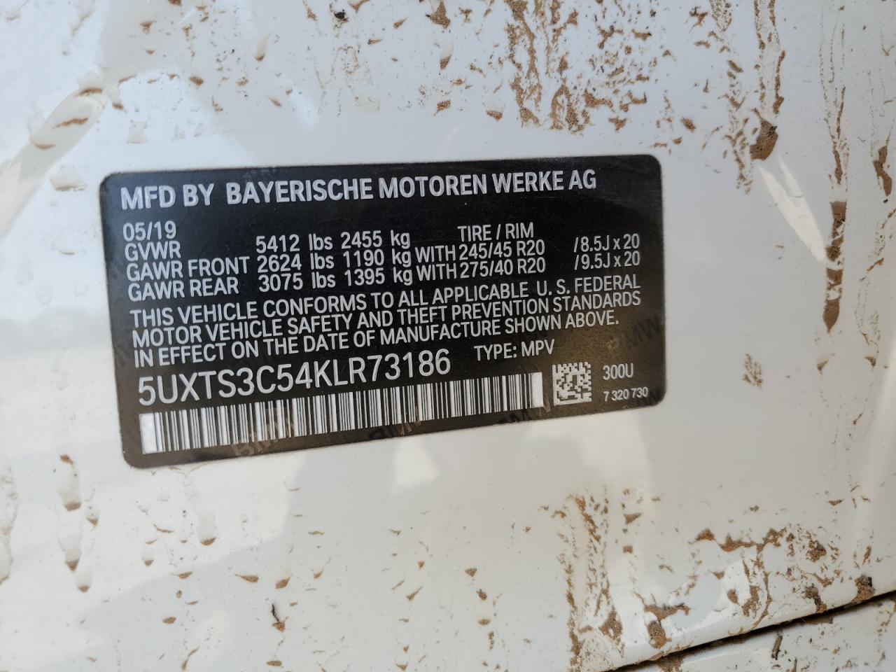 VIN 5UXTS3C54KLR73186 2019 BMW X3 XDRIVEM40I