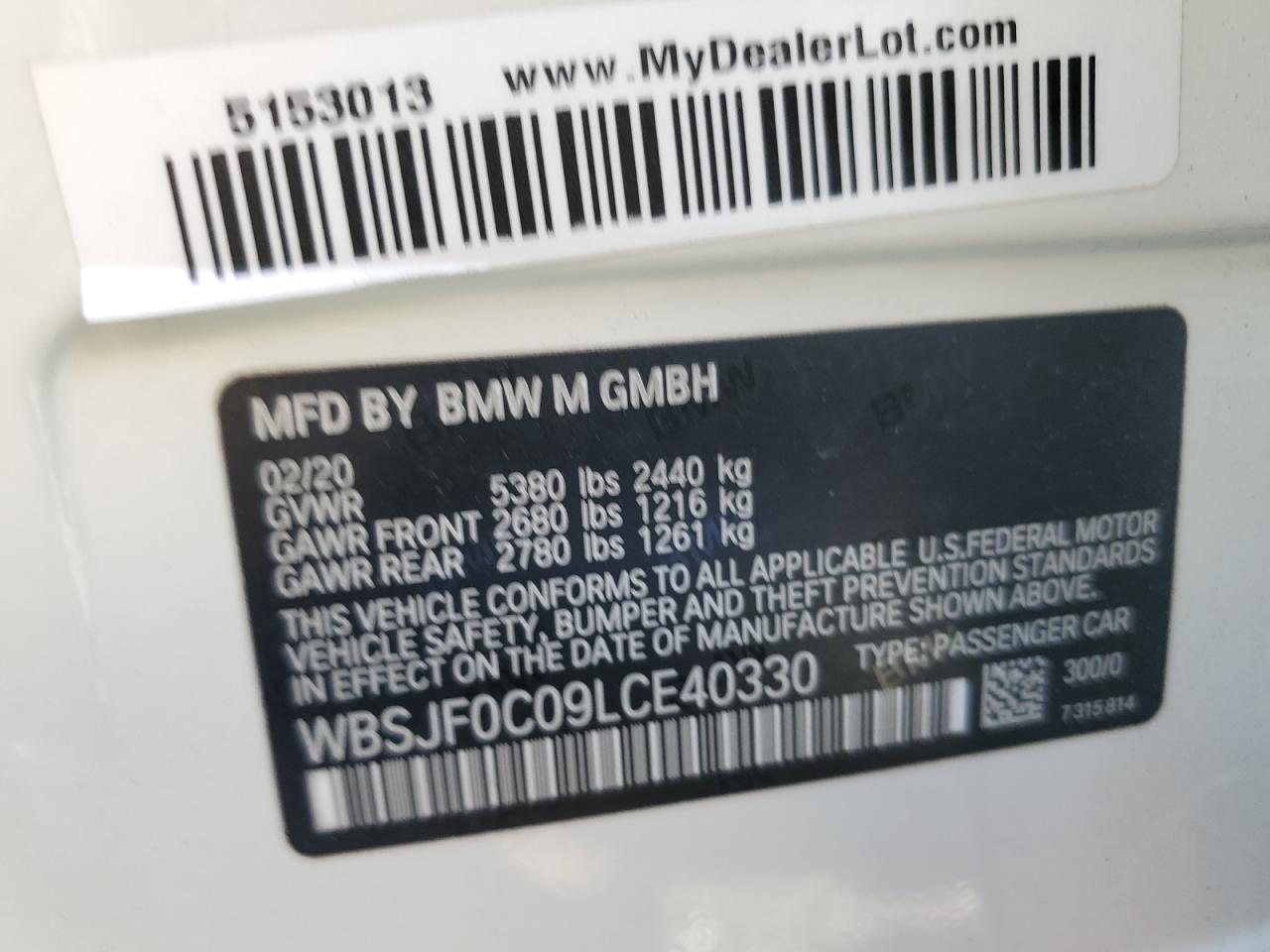 VIN WBSJF0C09LCE40330 2020 BMW M5 BASE