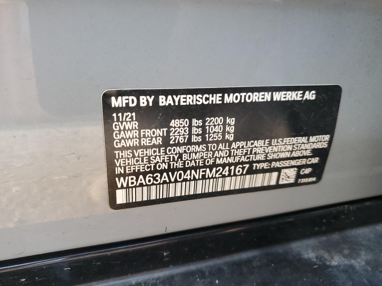 VIN WBA63AV04NFM24167 2022 BMW 430I GRAN