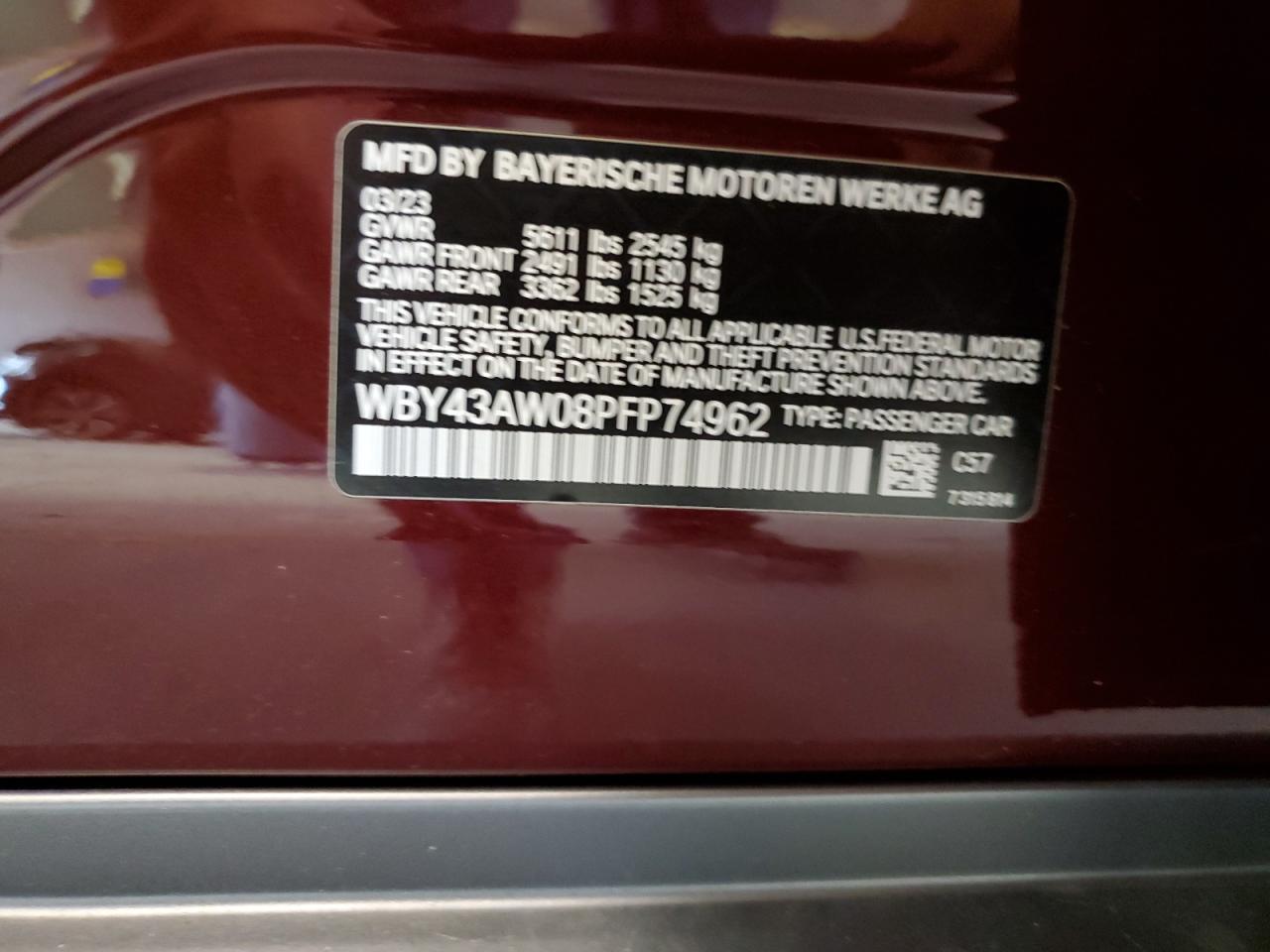 VIN WBY43AW08PFP74962 2023 BMW I4 EDRIVE3
