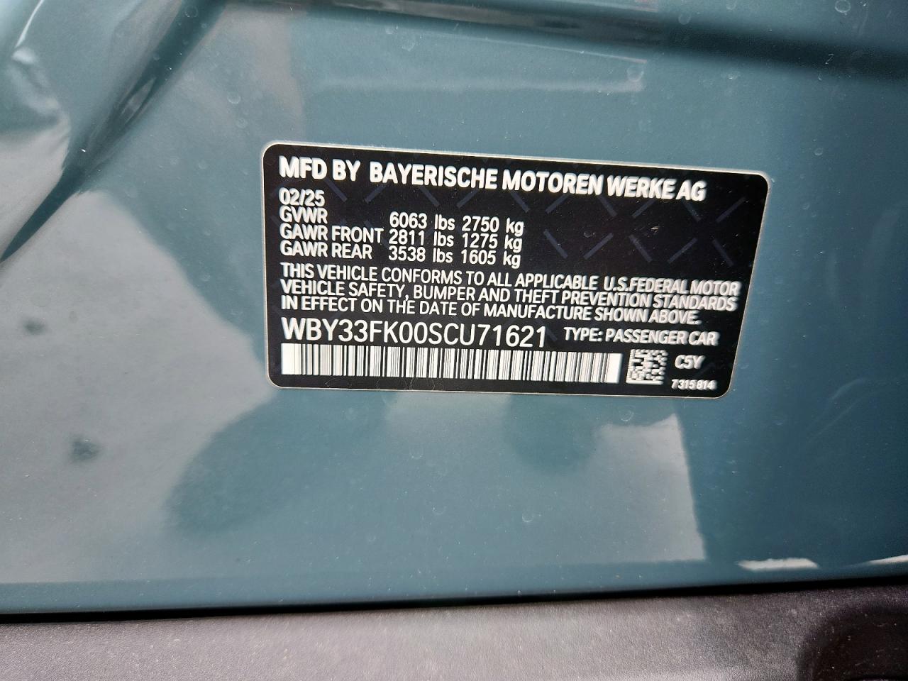 VIN WBY33FK00SCU71621 2025 BMW I5 EDRIVE 40