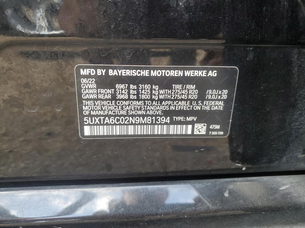 VIN 5UXTA6C02N9M81394 2022 BMW X5 XDRIVE45E