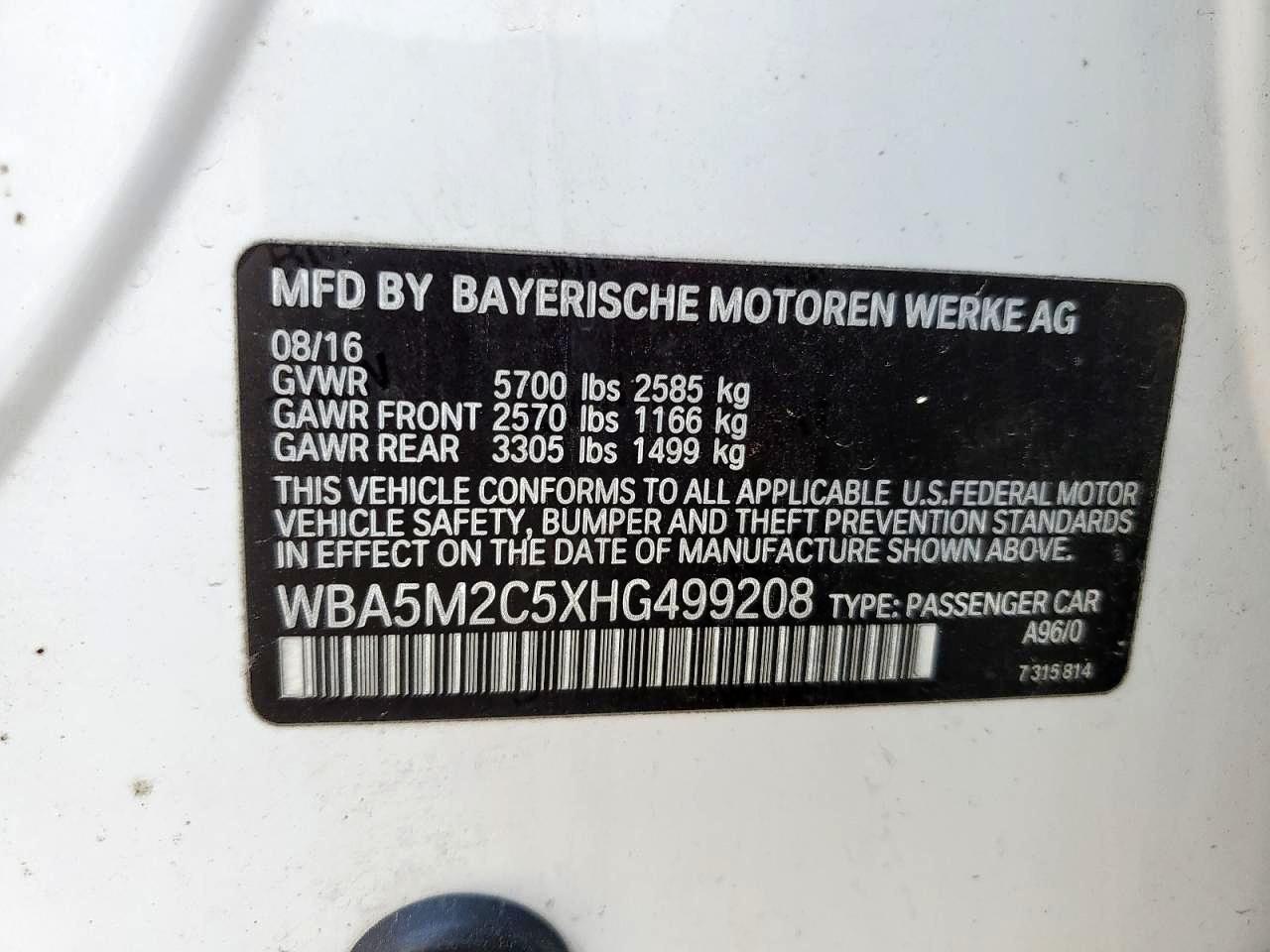 VIN WBA5M2C5XHG499208 2017 BMW 535 IGT