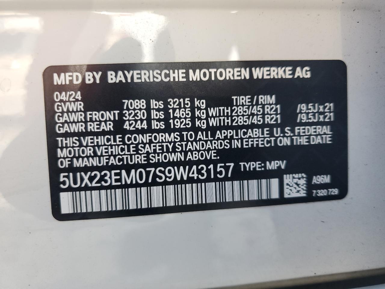 VIN 5UX23EM07S9W43157 2025 BMW X7 XDRIVE40I