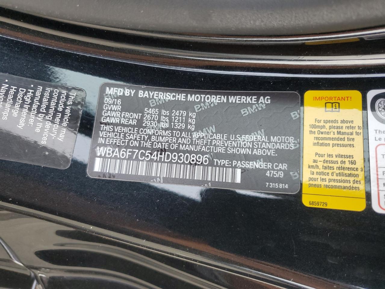 VIN WBA6F7C54HD930896 2017 BMW 650 XI