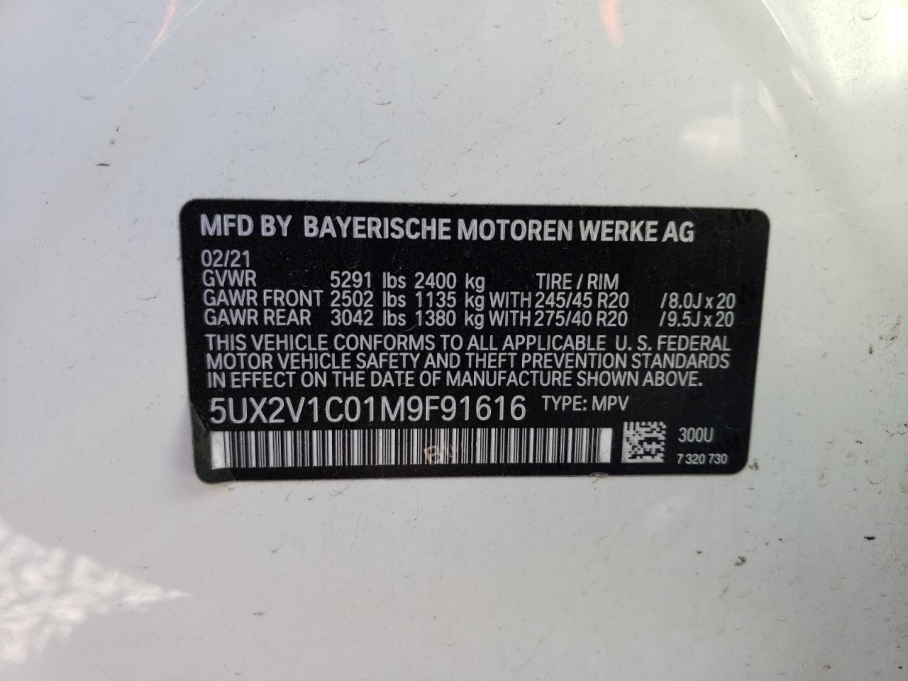 VIN 5UX2V1C01M9F91616 2021 BMW X4