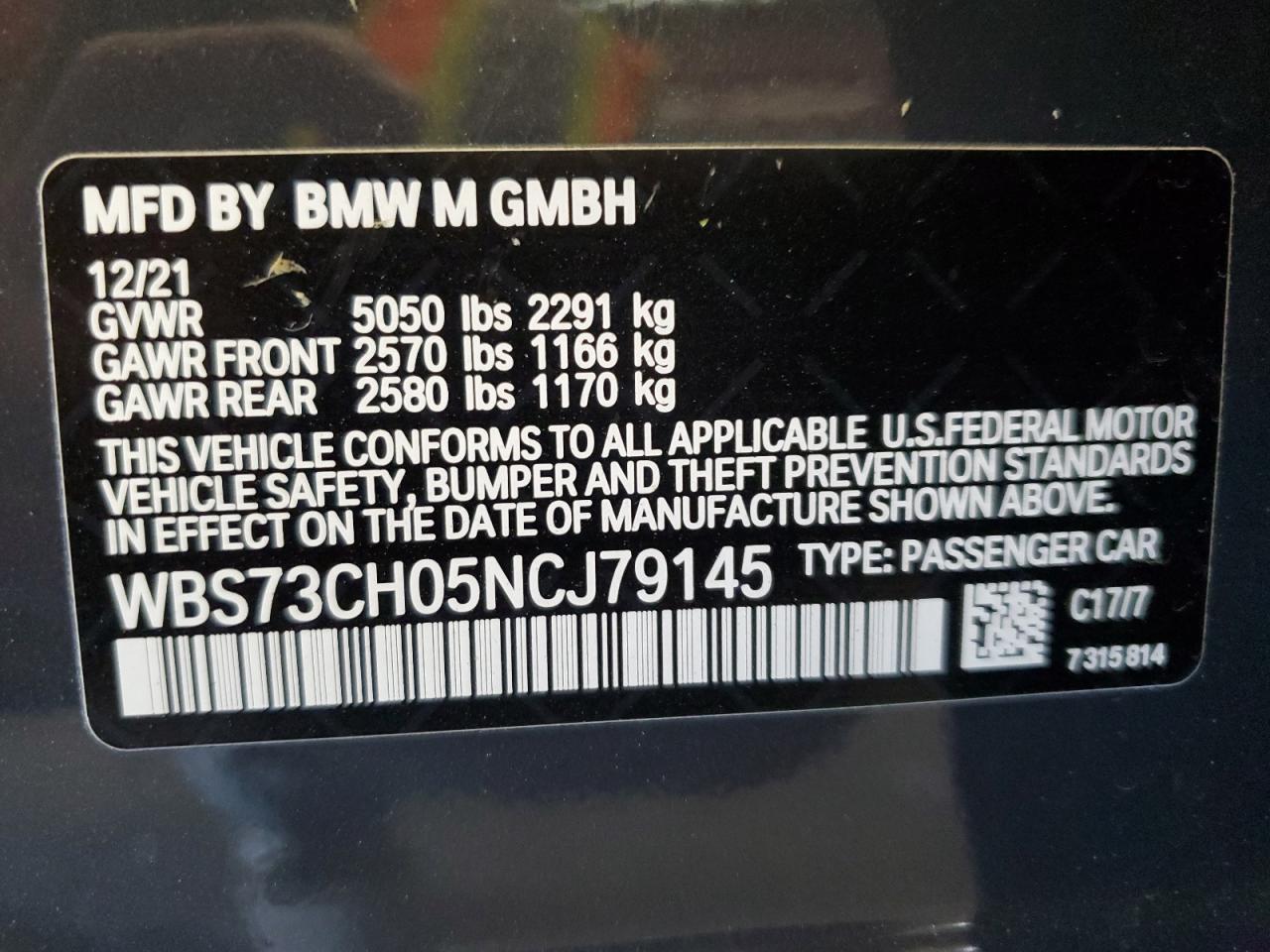 VIN WBS73CH05NCJ79145 2022 BMW M5 CS