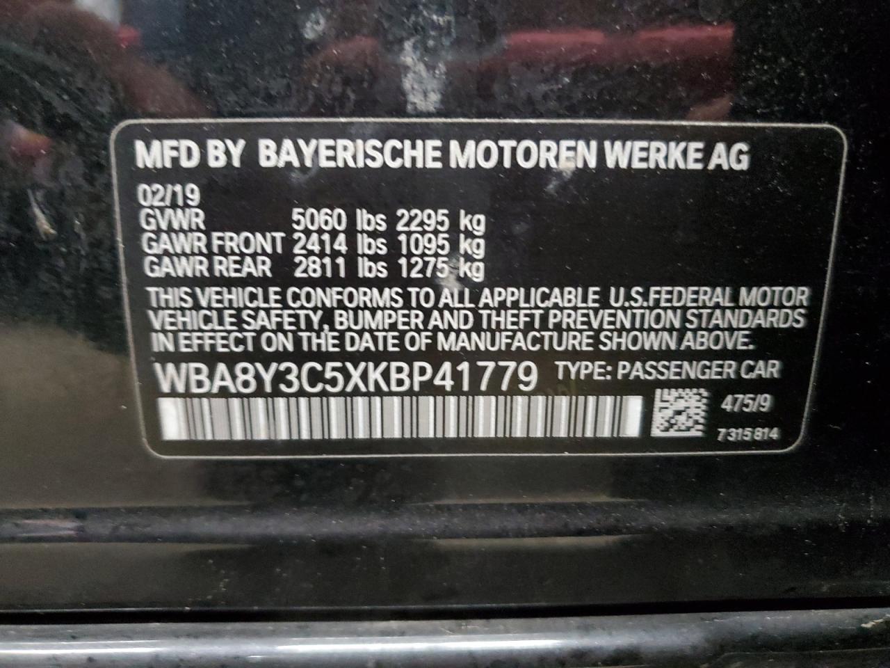 VIN WBA8Y3C5XKBP41779 2019 BMW 340XI GT