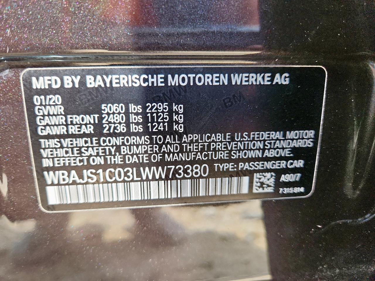 VIN WBAJS1C03LWW73380 2020 BMW 540