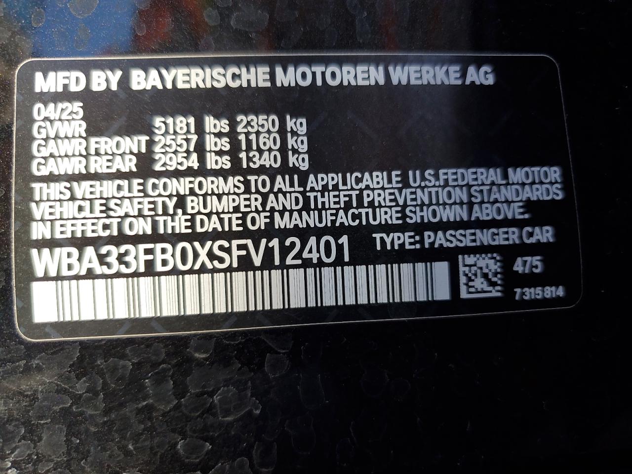 VIN WBA33FB0XSFV12401 2025 BMW 430XI GRAN COUPE