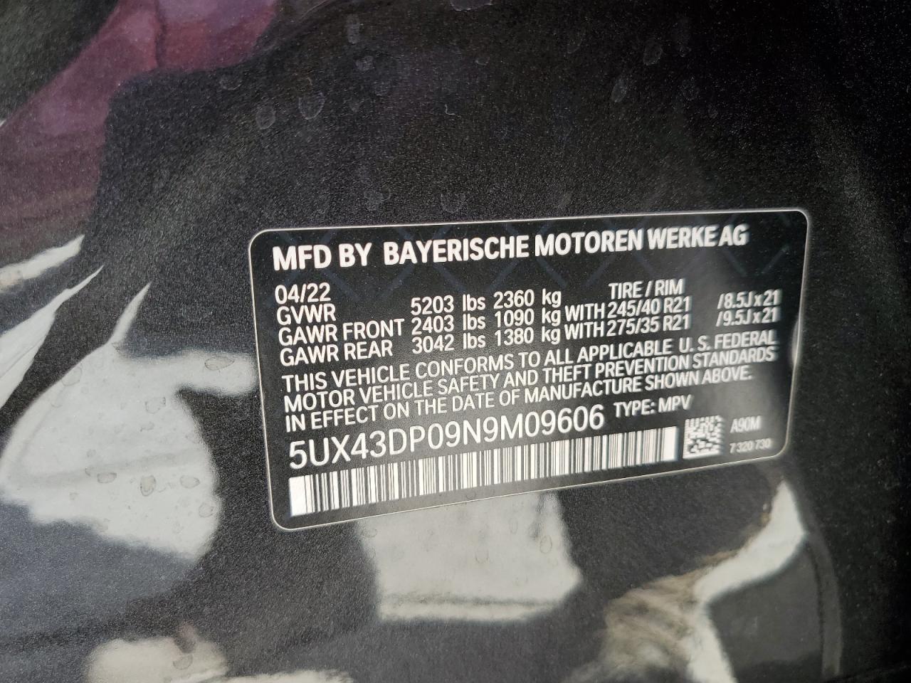 VIN 5UX43DP09N9M09606 2022 BMW X3 SDRIVE3