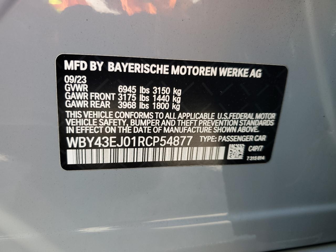 VIN WBY43EJ01RCP54877 2024 BMW I7 EDRIVE5