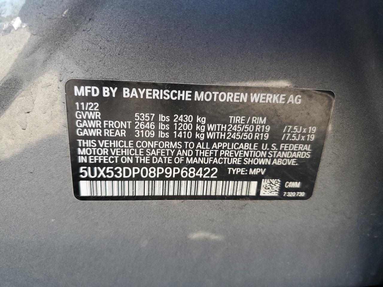VIN 5UX53DP08P9P68422 2023 BMW X3 XDRIVE3
