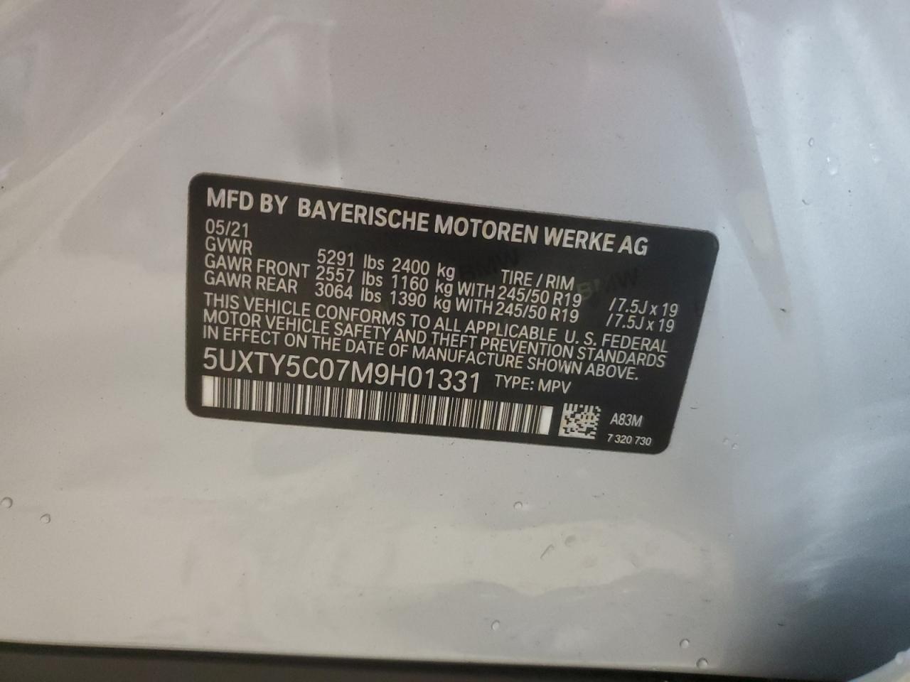 VIN 5UXTY5C07M9H01331 2021 BMW X3 XDRIVE3