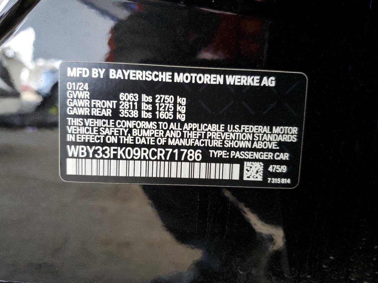 VIN WBY33FK09RCR71786 2024 BMW I5 EDRIVE