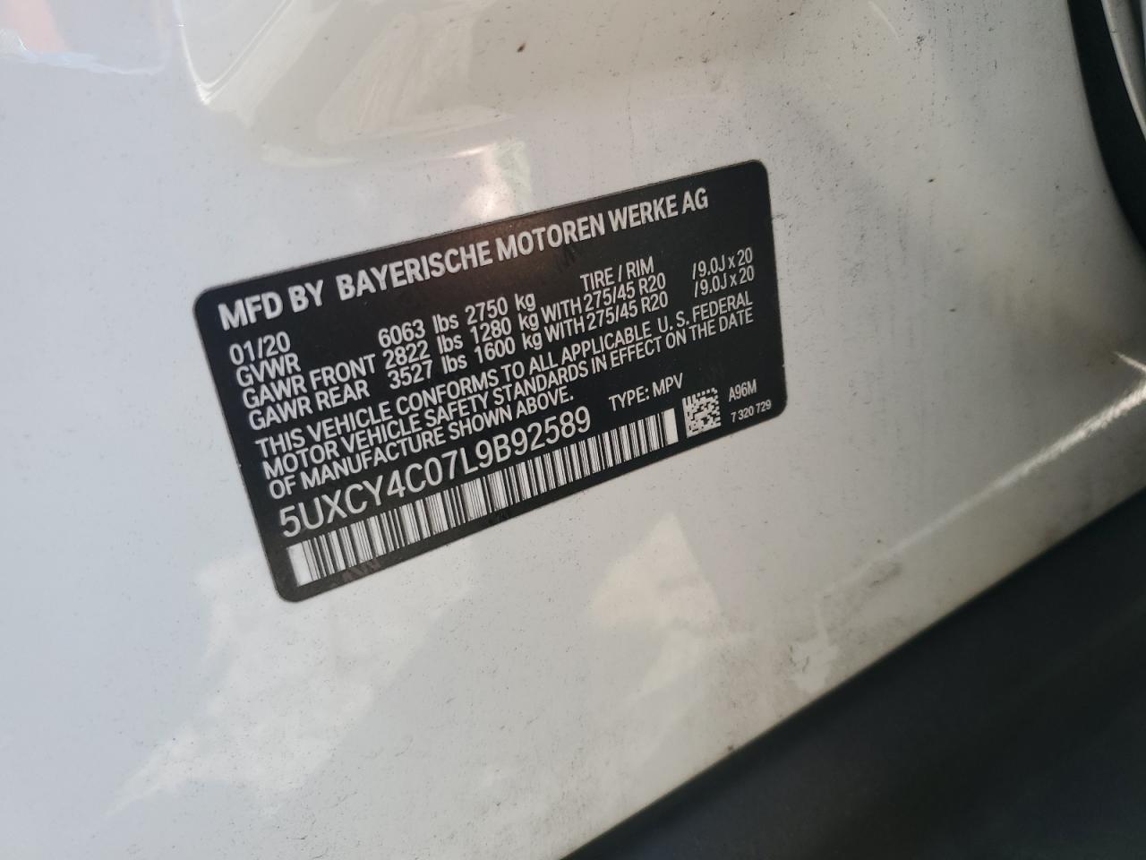 VIN 5UXCY4C07L9B92589 2020 BMW X6 SDRIVE