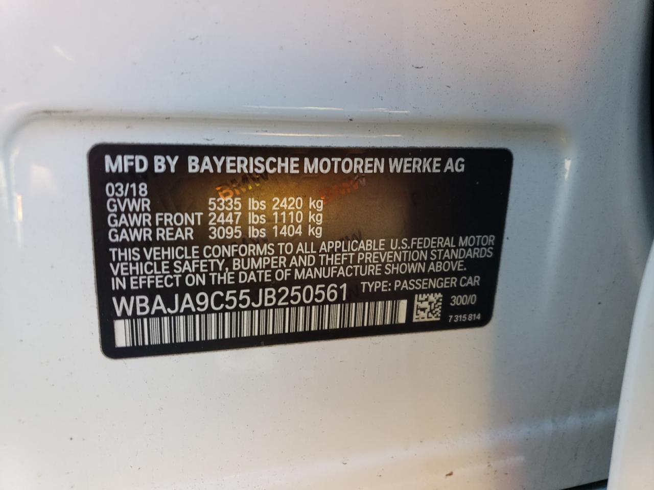 VIN WBAJA9C55JB250561 2018 BMW 530E