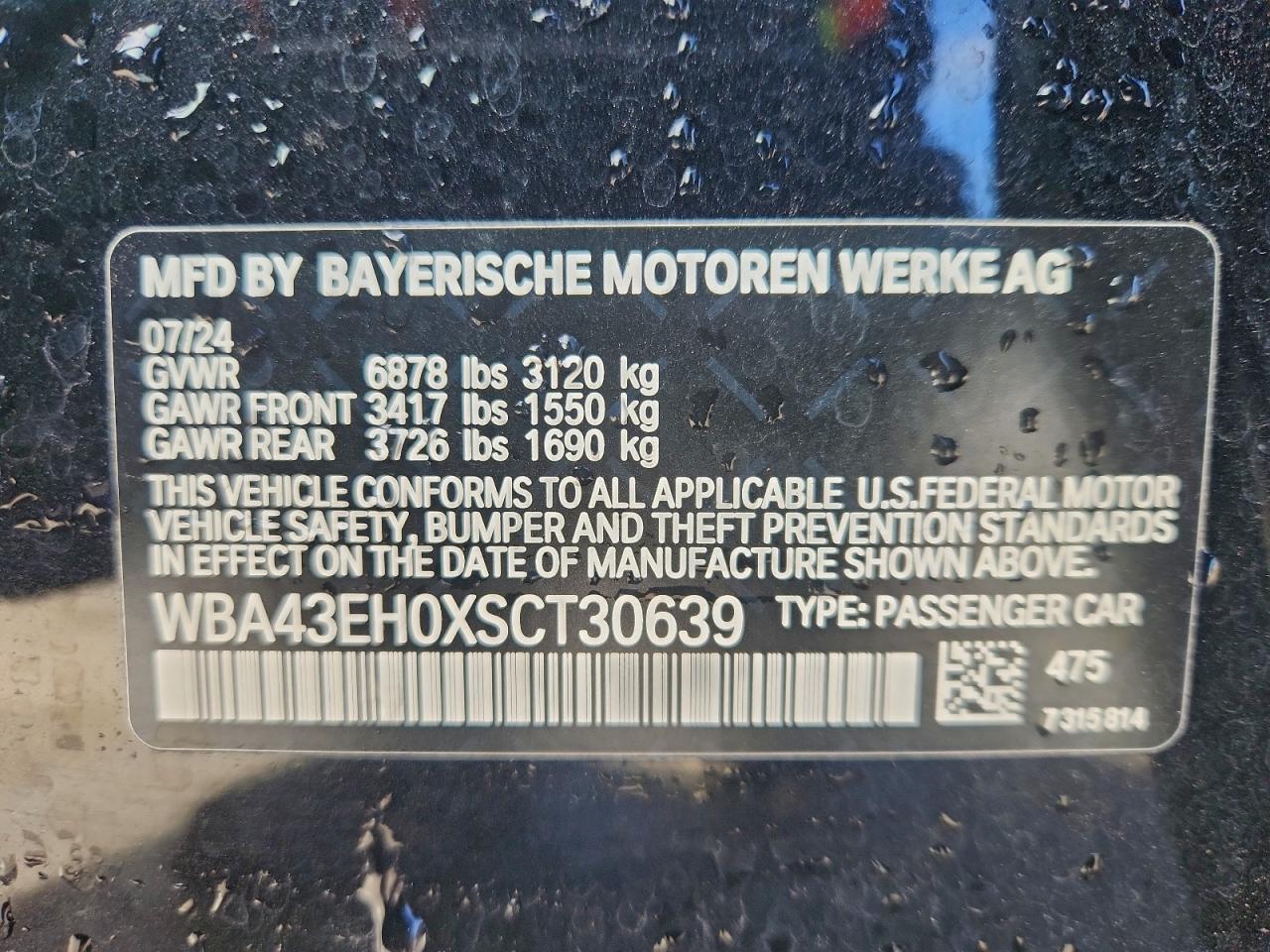 VIN WBA43EH0XSCT30639 2025 BMW 750 XE
