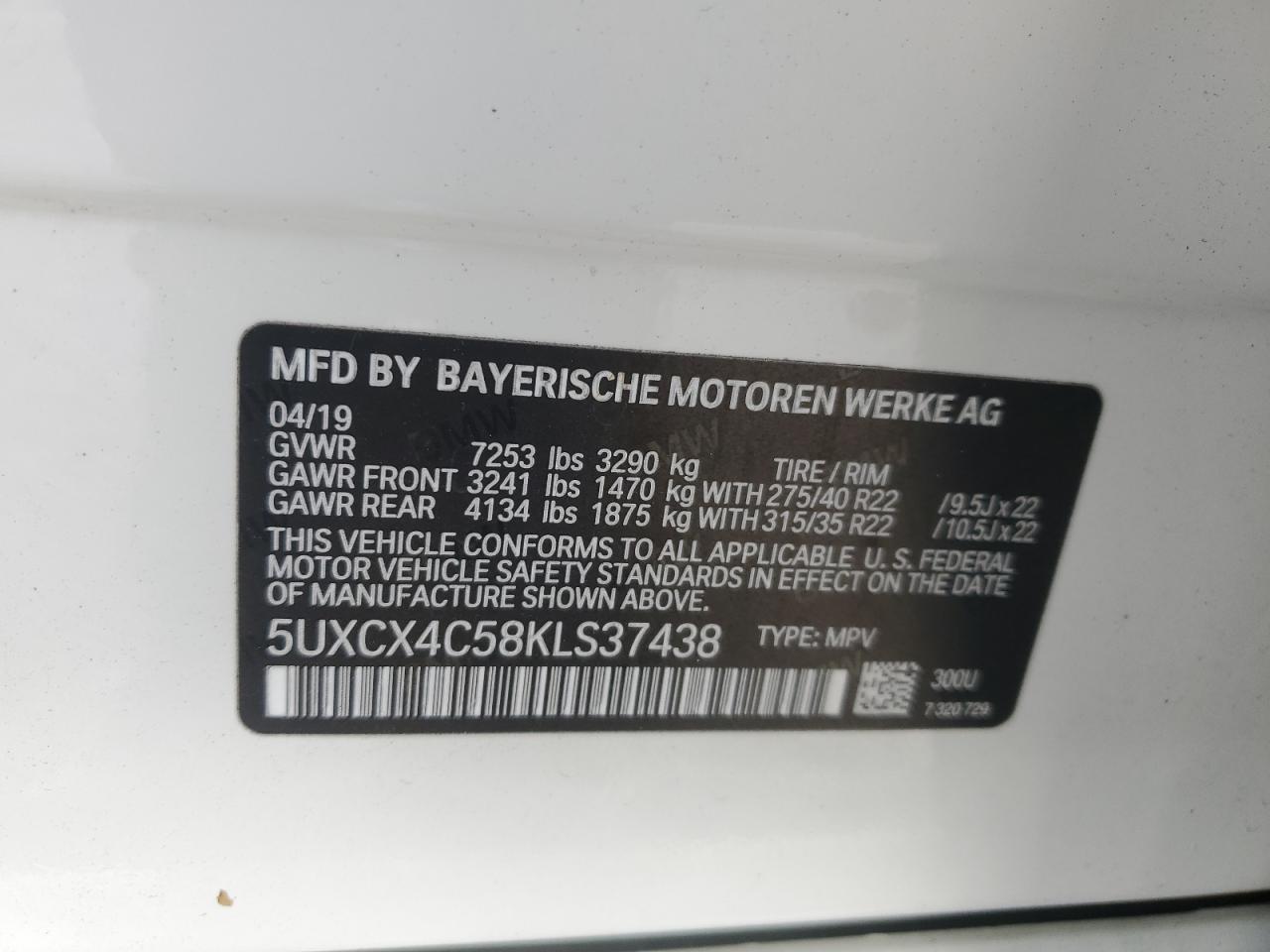 VIN 5UXCX4C58KLS37438 2019 BMW X7 XDRIVE5