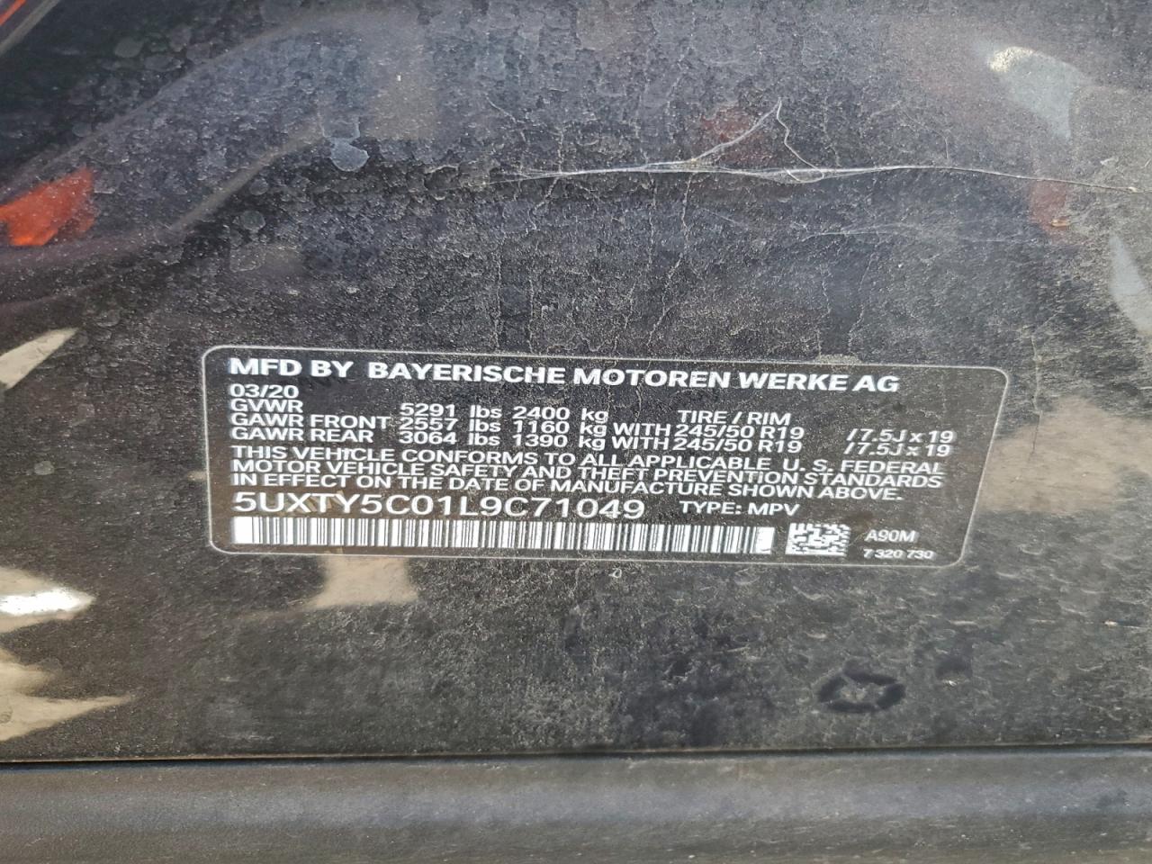 VIN 5UXTY5C01L9C71049 2020 BMW X3 XDRIVE3