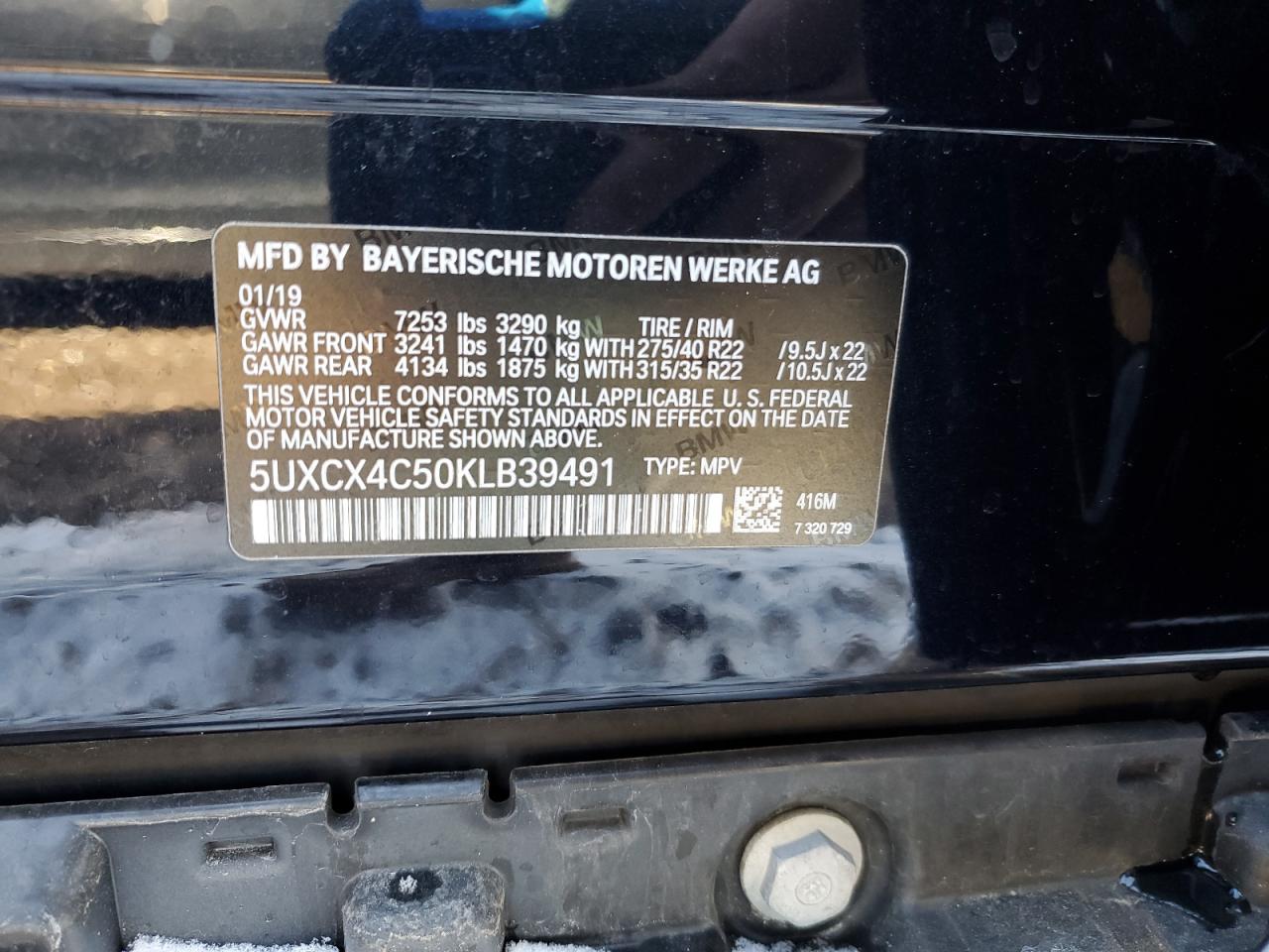 VIN 5UXCX4C50KLB39491 2019 BMW X7 XDRIVE5