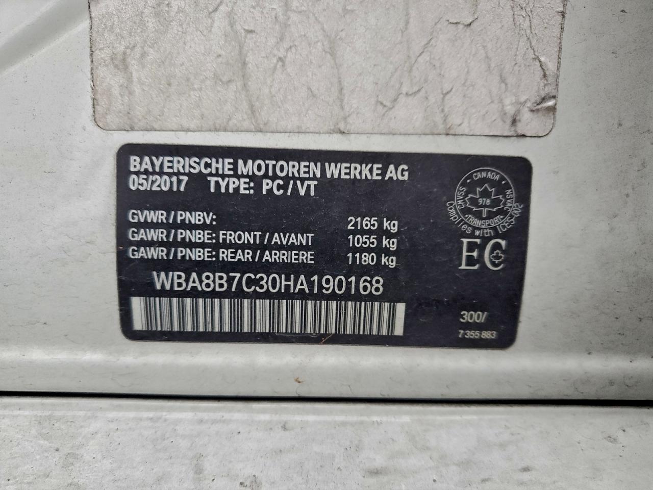 VIN WBA8B7C30HA190168 2017 BMW 340 XI