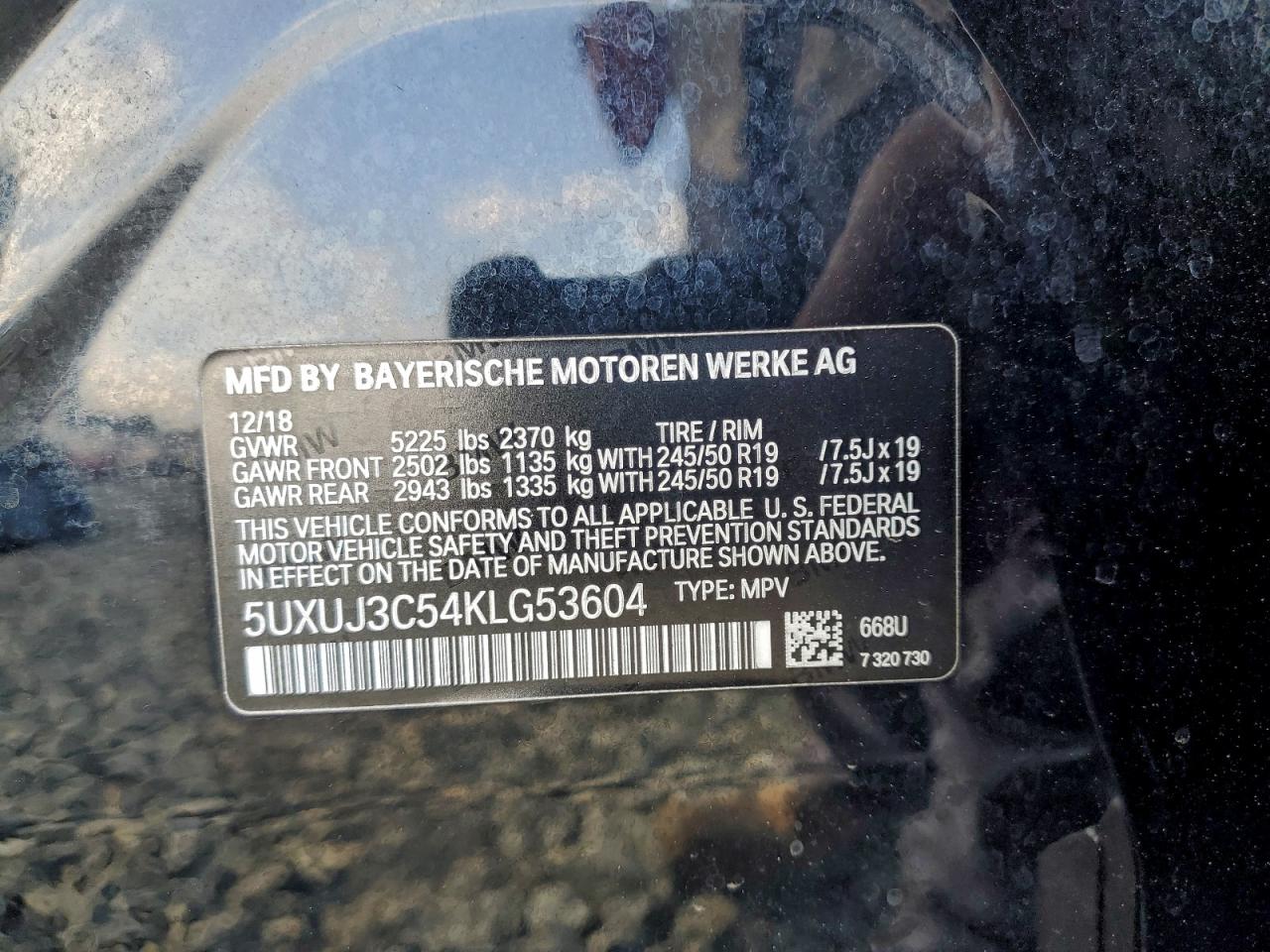 VIN 5UXUJ3C54KLG53604 2019 BMW X4 XDRIVE3