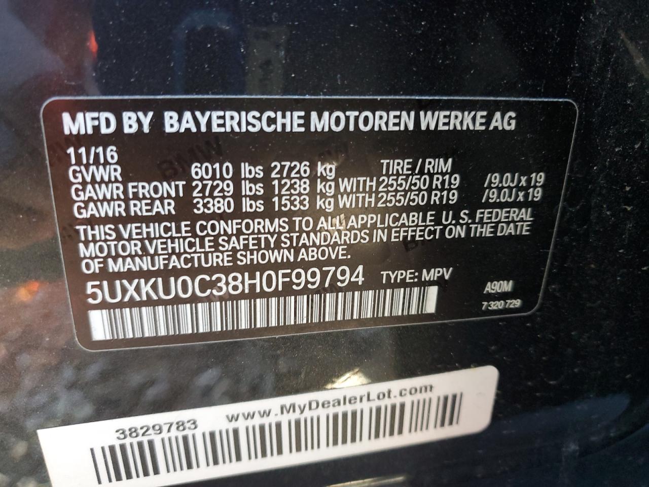 VIN 5UXKU0C38H0F99794 2017 BMW X6 SDRIVE3