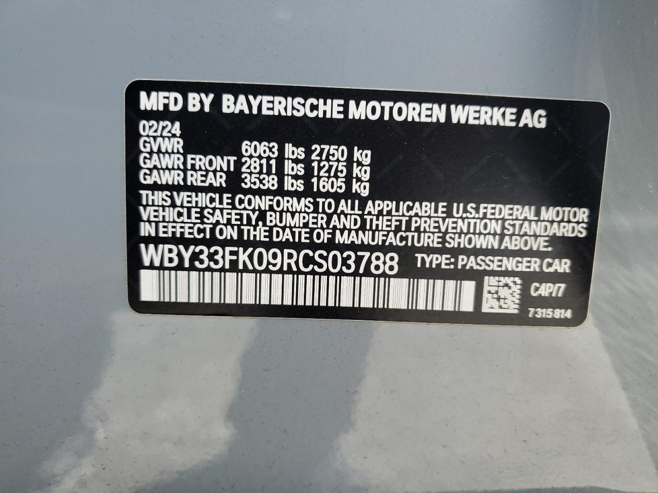 VIN WBY33FK09RCS03788 2024 BMW I5 EDRIVE