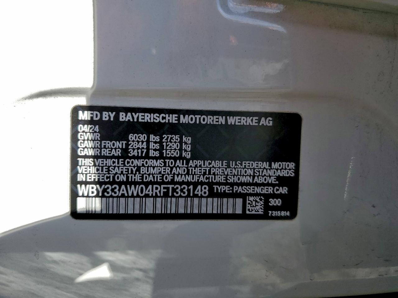 VIN WBY33AW04RFT33148 2024 BMW I4 M50