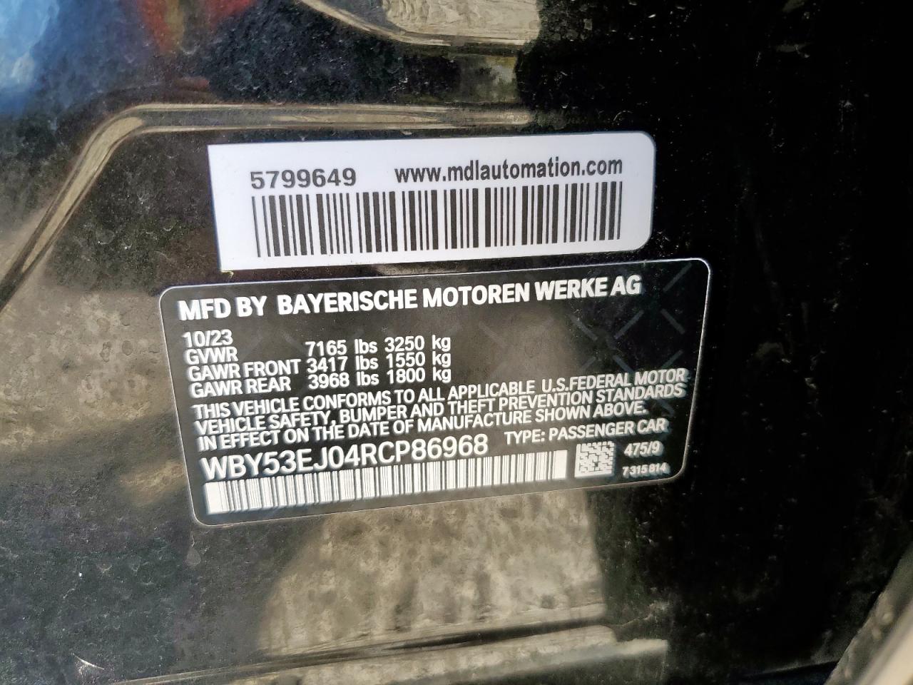 VIN WBY53EJ04RCP86968 2024 BMW I7 XDRIVE6
