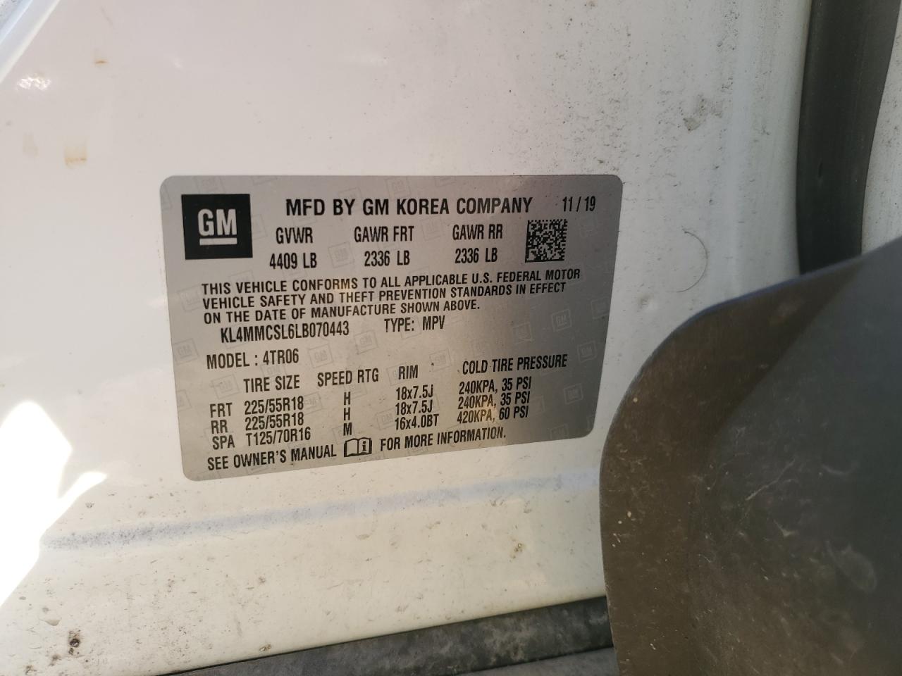 VIN KL4MMCSL6LB070443 2020 BUICK ENCORE GX
